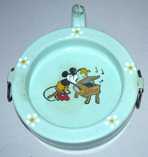 GERMAN ENAMEL MICKEY MOUSE WARMING DISH: Made by Richard Krueger. Small spot of touch up on inner rim. Size: 8" long, 6 3/4" dia.