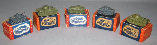 FIVE BOXED COMET WWII ID TANKS: Authenticast ID models by Comet Metal Products, included are;German Tank PZKW 111, Russian Heavy Tank KV-1, Jap Heavy Medium Tank, Russian T-34 Tank and German PZKW - M.K. IV. There are some very tiny