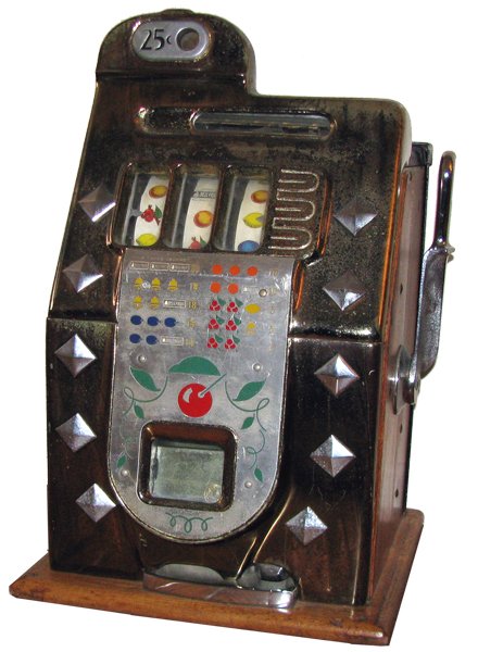 MILLS DIAMOND FRONT QUARTER SLOT MACHINE: Nice all original machine has never been restored. Some wear to the plating on front of machine. Has original lock and key for back plate. Back plate has original paper label inside. Works fine. Size: