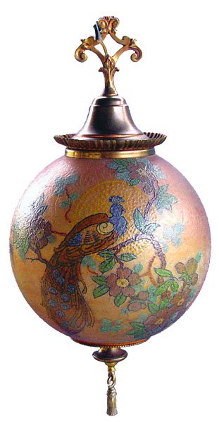 HANDEL OBVERSE PAINTED HANGING BALL PENDANT LAMP: Rare and complete, chain and wiring are newer, 10" "Teroma" glass ball shade with Handel "ice chipped" effect, shade has wonderful images of Peacocks in flowered tree, peacock's head surrounded by a s