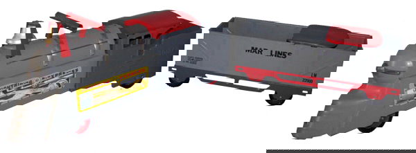 MARX LIGHTNING EXPRESS RIDE ON TRAIN: Pressed steel streamlined locomotive and freight car. Freight car also has built in seat. Both pieces unused. Some minor soiling that should clean. Size: 49 1/2" long, 6 1/2" wide