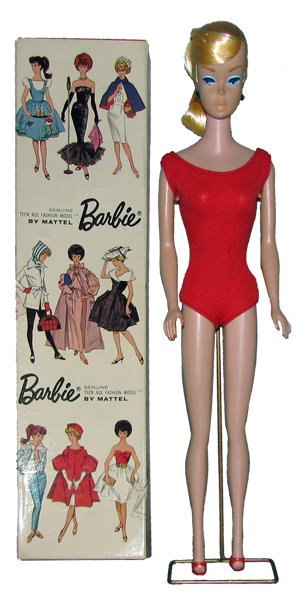 BOXED 1964 SWIRL PONYTAIL BARBIE: Barbie has her original hair ribbon and original staple holding ponytail in place, along with original rubber band in ponytail. Barbie is wearing her original red bathing suit and high heels. Her pale