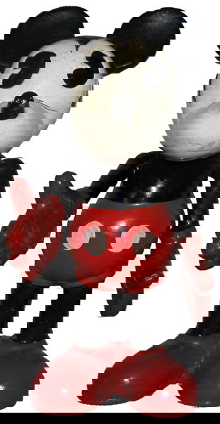 KNICKERBOCKER COMPOSITION MICKEY MOUSE DOLL: C-1935 painted composition figure has very minor paint wear and minor age soiling. Small chip to right heel and to left pinky. Paint is not crazed on this example. Size: 9" tall,