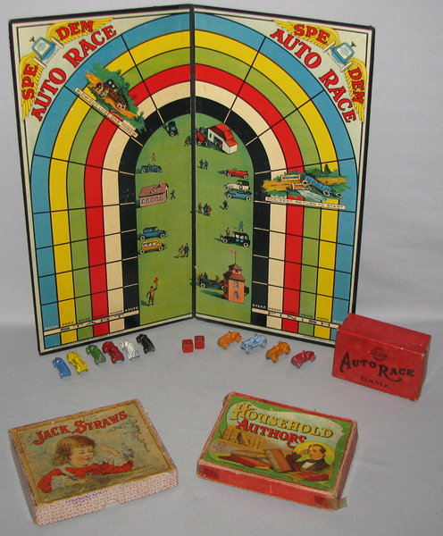 THREE OLD GAMES INCLUDING AUTO RACE GAME: Jack Straws by Milton Bradley appears complete, C-1910. Household Authors by Milton Bradley, complete, C-1910. Box corners are all separated. Speedum Auto Race Game by All Fair. Nicely lithoed game bo
