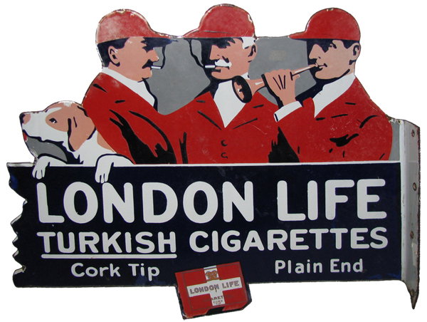 DIE CUT PORCELAIN FLANGE SIGN FOR LONDON LIFE CIGA: Features image of three fox hunters and a hound. One side has significant fading to red, the other side has some slight fading to red, especially to one hat. Does have some scattered chipping to porce