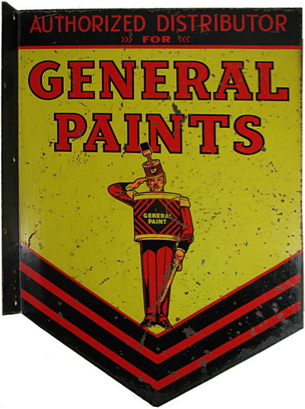 GENERAL PAINTS PRESSED STEEL FLANGE SIGN: Sign is marked Lacortone. Has scratching and edge wear. One side grades VF, reverse has more chipping and some pitting to bottom edge and grades VG. Size: 22 1/4" tall, 15" deep