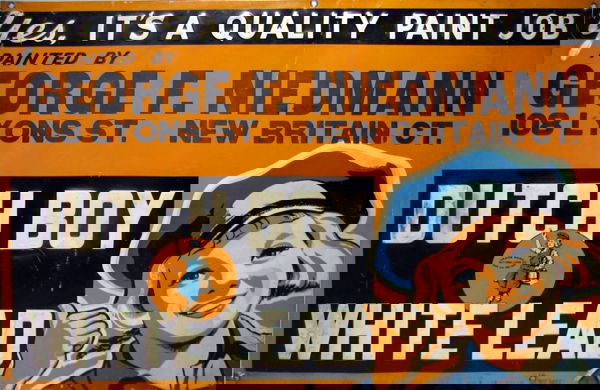 EMBOSSED TIN DUTCH BOY PAINT SIGN: Features nice graphics of Dutch Boy advertising white lead paint. This sign came from George Niedmann, New Britain CT. Minor surface wear, scratching and a few small bends. Size: 35" tall, 23 1/4" wid