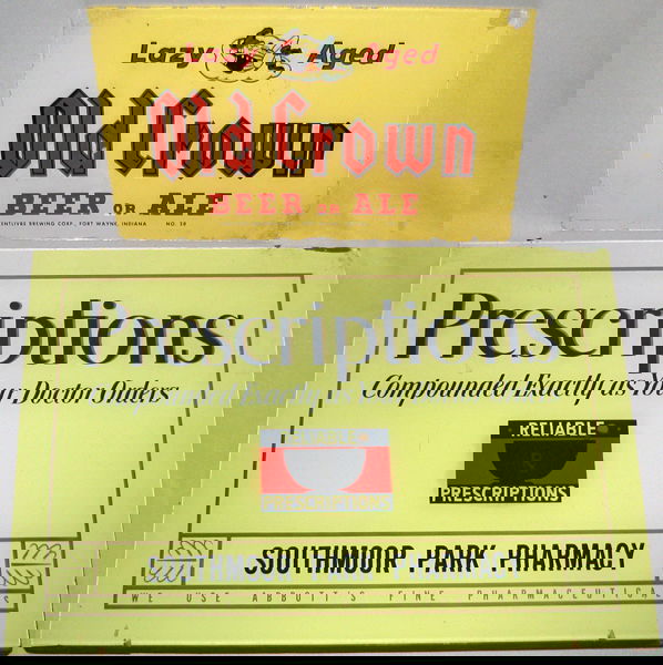 TWO REVERSE ON GLASS ADVERTISING SIGNS: First is for Old Crown Beer or Ale and is from the Centlevre Brewing Corp., Fort Wayne, IN. Yellow background has some chipping to edges, there is also a paint chip to the red d in 'Old'. Paint also h