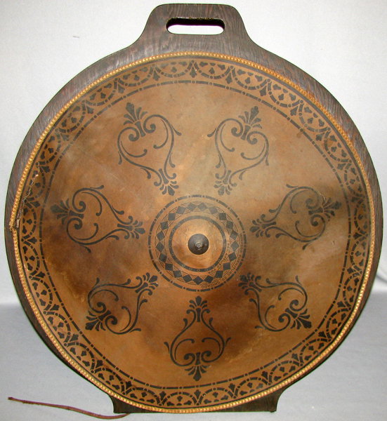 UNUSUAL LARGE DECORATIVE SPEAKER: Made by Windsor Furniture Co., Chicago. Mounted on wood frame with built in handle and folding leg. Speaker has surface soiling and some tearing to paper. Untested. Size: 25" tall