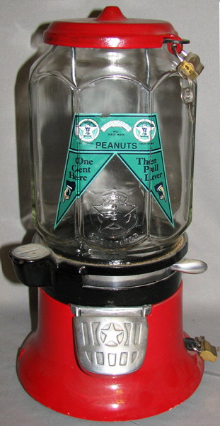 RESTORED COLUMBUS GUM MACHINE: Model M, C-1935. Machine has original glass, locks are replacements. Works fine with keys. Size: 14 1/2" tall, 8" across