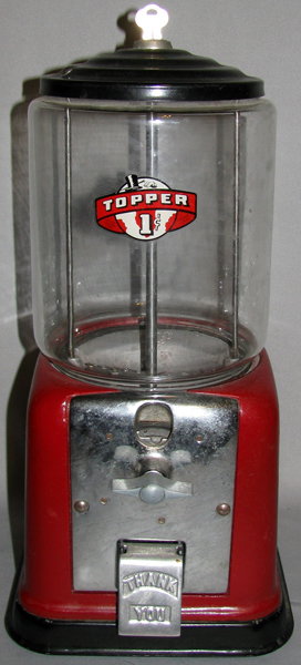 VICTOR TOPPER ONE CENT GUM MACHINE: This is a 1941 Model V with original key. Works fine. Case has been repainted and decal is a replacement. Size: 15" tall, 7 1/2" square base