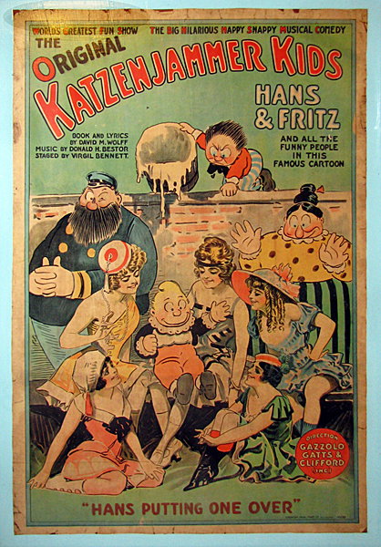 KATZENJAMMER KIDS PLAY BILL POSTER: Mounted on board, wonderful graphics of Hans, Fritz, the Captain and Momma Katzenjammer with Bathing Beauties. Printed by American Showprint Co., Milwaukee. Border has minor losses and edge tears. Low