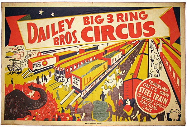 BAILEY BROS. BIG THREE RING RAILROAD CIRCUS POSTER: C-1950s linen mounted horizontal one sheet with images of railroad cars, circus wagons and animals. Scattered tears, edge wear, missing a strip paper from top of one railroad car and small hunk of pap