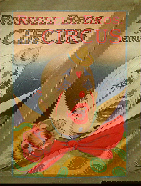 RUSSELL BROS. 3 RING CIRCUS POSTER: C-1930 mounted on board, fabulous clown image. Light surface wear, touched up scratch to right center blue background, minor edge chipping. Size: 30" tall, 22" wide