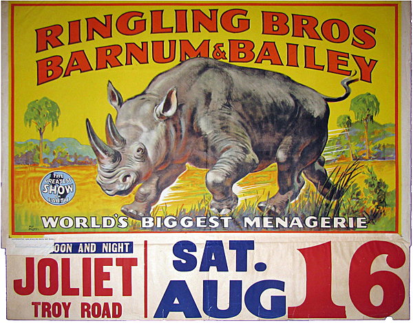RINGLING BROS. BARNUM & BAILEY LARGE RHINOCEROS PO: Artwork by Bill Bailey copyright 1945, includes original date tag. Features a charging rhinoceros and advertises the World's Biggest Menagerie. Couple of very minor edge tears to border and some very 