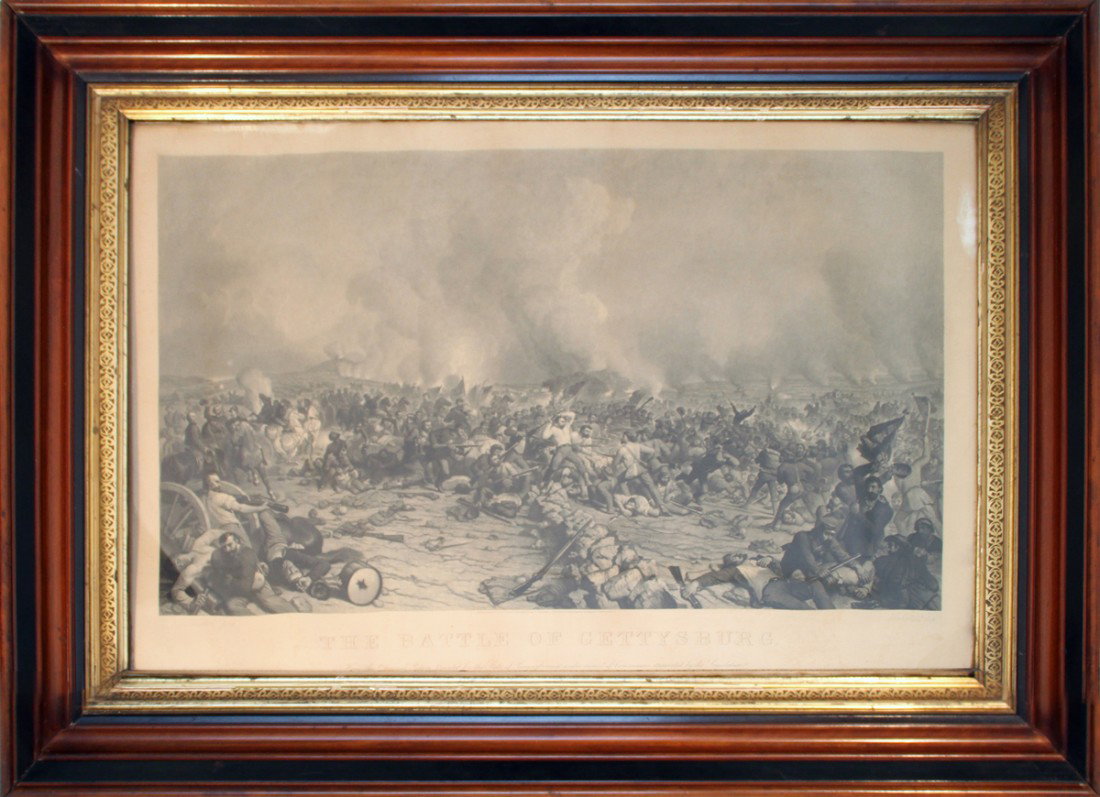 FRAMED LARGE FORMAT BATTLE OF GETTYSBURG LITHO: Steel engraving by P. F. Rothermel, dated 1872 and titled, "THE BATTLE OF GETTYSBURG", wonderfully detailed lithography, paper has overall age toning and scattered spots, some white touch up to one ed