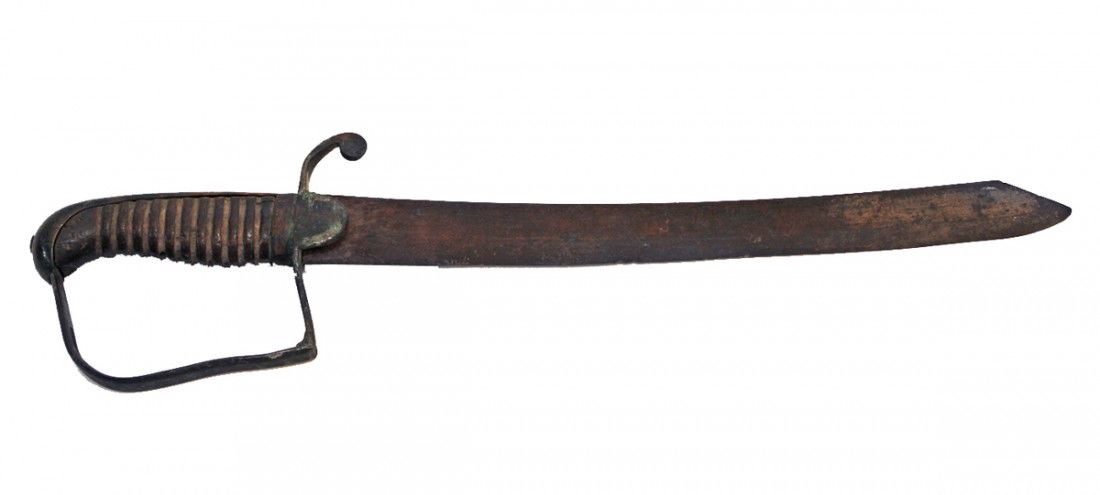 CUT DOWN PRE CIVIL WAR SWORD WITH PROVENANCE: Sword has been nicely crafted into a fighting knife, has original wood grip, with tag stating, "From an Ohio Civil War collection, probably altered for the Confederacy.", 13 inch blade. Size: 17 3/4 i