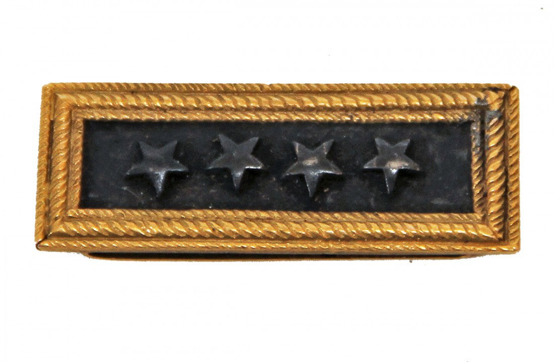 14K GOLD FOUR STAR SLIDE FROM HAMILTON WARD: Nicely detailed item with bronze inset stars, probably from Hamilton Ward's Spanish American Veteran's Commander uniform, very minor wear.