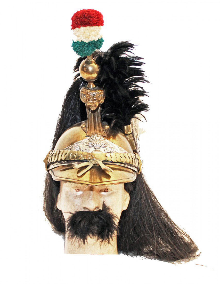 MOVIE PROP HELMET FROM THE ALAMO: From the 1959 John Wayne version, copper and brass fancy helmet was used in the movie by an actor playing one of the Mexican Tulancingo Cuirassiers, brass crest surrounded by Medusa's head, helmet was