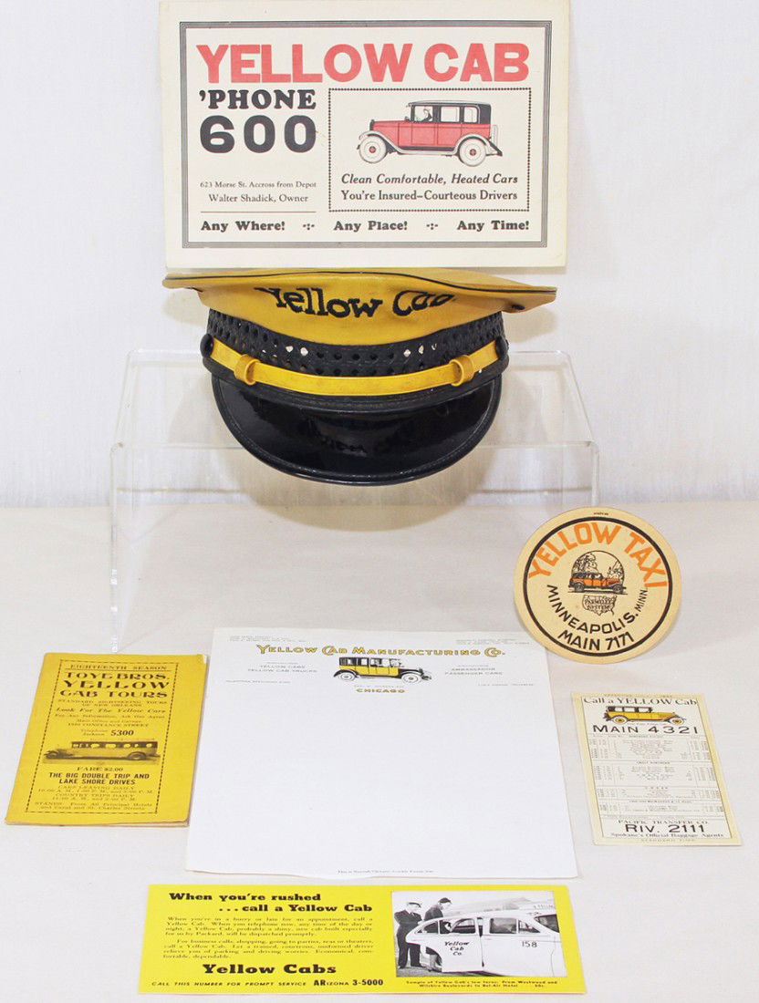 YELLOW CAB LOT: Includes; original Yellow Cab hat C-1950s, and some 1920s Yellow Cab items including; letterhead, sign, blotter, coaster, etc., 7 pieces. Size: Vary