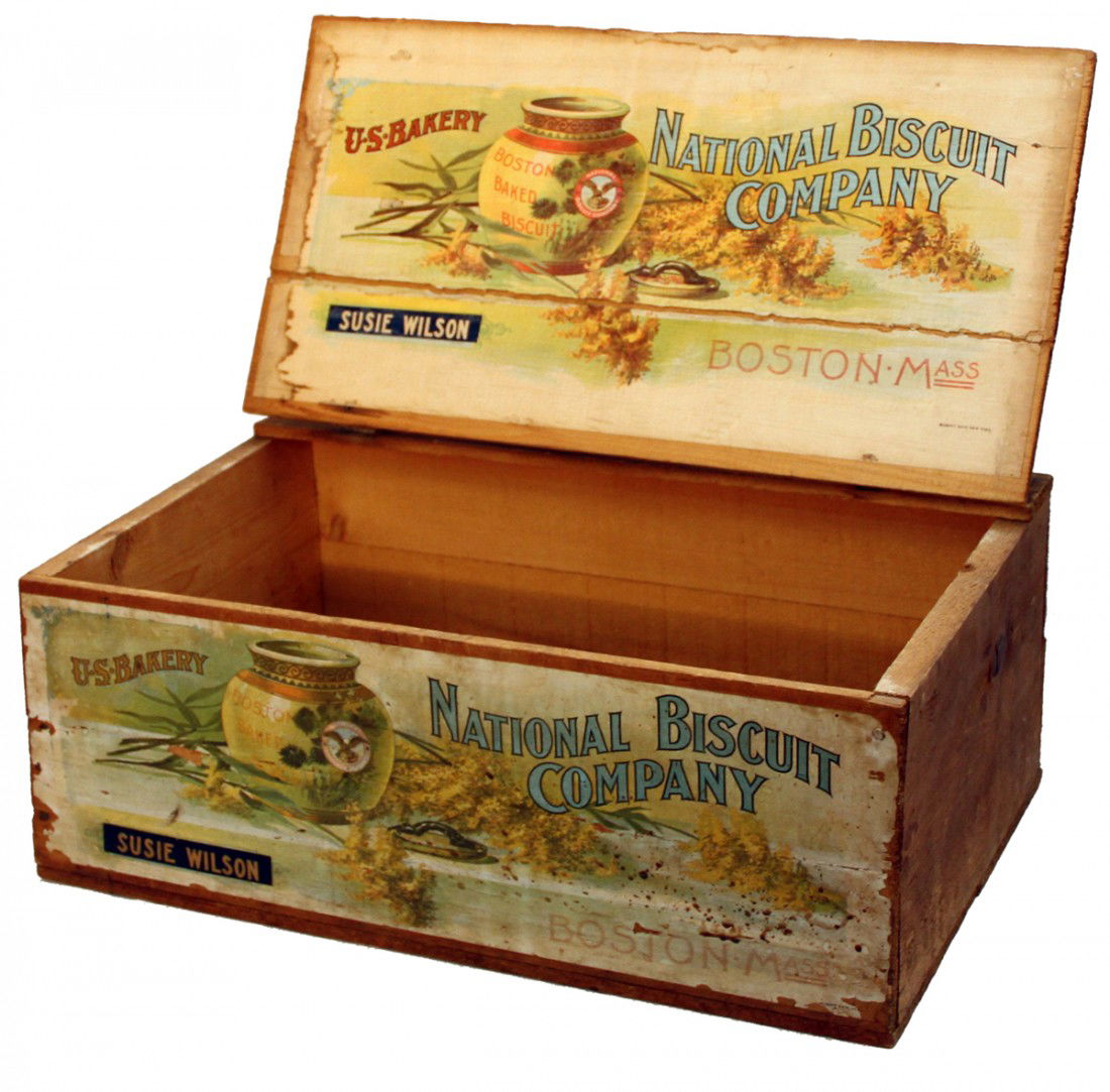 NATIONAL BISCUIT COMPANY WOOD CRATE: Early C-1910 - Nabisco counter top box for Boston Baked Biscuits, has paper label to front and inside lid, some wear, chipping and light staining to labels, lid hinges replaced with new leather. Size: