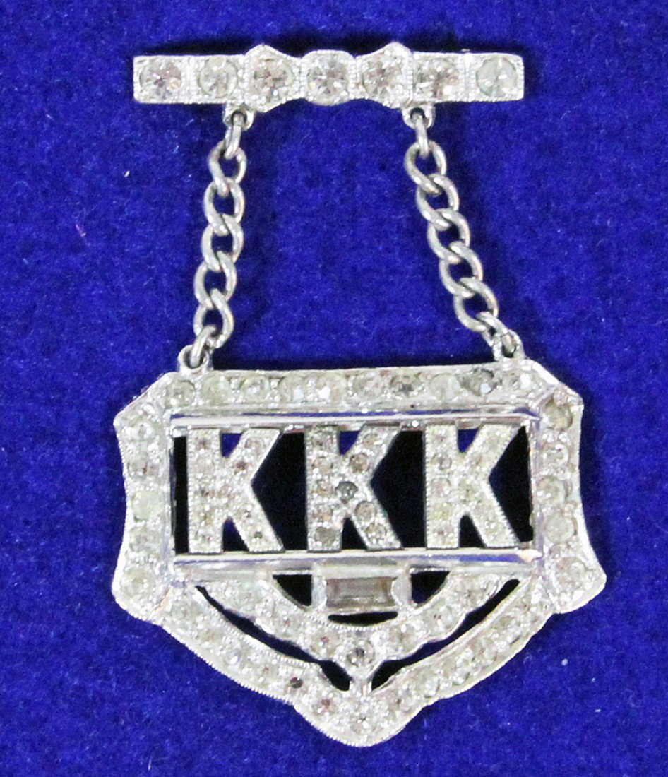 RARE KKK COSTUME JEWELRY: Unmarked costume hanging broach C-1920s, all original rhinestones present. Size: 2 inches tall, 1-3/8 inches wide