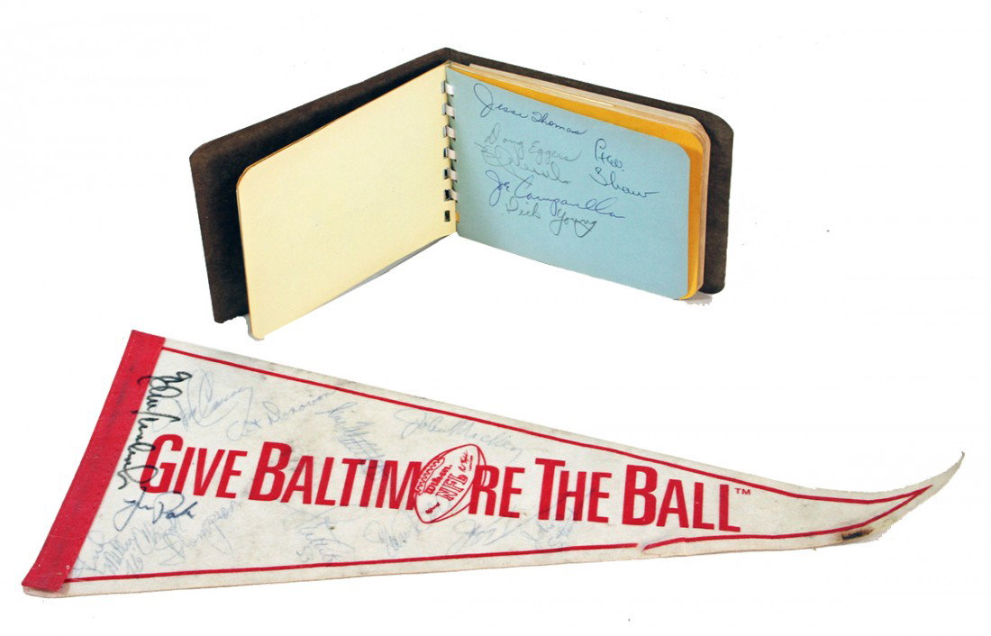 BALTIMORE ORIOLES AND COLTS AUTOGRAPHS FROM THE 19: Baltimore Colts pennant with 12 autographs including; Art Donavan, Fred Miller, John Mackley and others. A 1955 autograph book has signatures of 29 Baltimore Orioles including; Al Kaline, Bill Hunter,