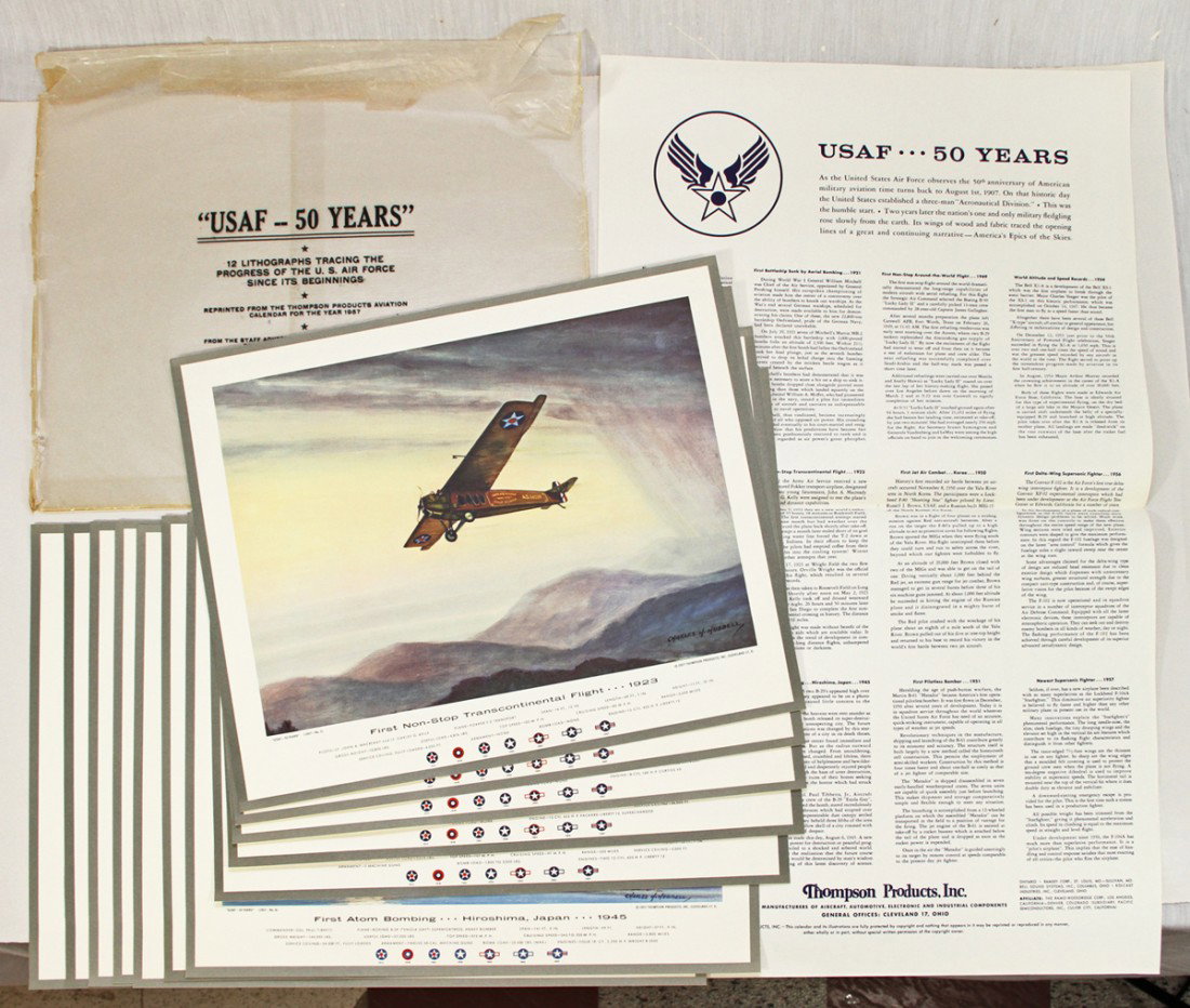 12 LITHOGRAPHS" USAF-FIFTY YEARS" FROM THOMPSON PR: Complete set of 12 full color images by Charles H. Hubbell, in original envelope with folded cover sheet, of fifty years of Air Force history, these were used in the 1953 calendar, and this is from th