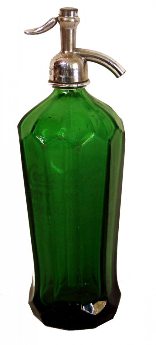 GREEN GLASS SELTZER BOTTLE MARKED COCA-COLA: Bottle dispenser marked Goldenberg, Brooklyn, green bottle etched Coca-Cola Bottling Co., Sharon PA, bottle has some abrasions and chip on shoulder. Size: 12-1/4 inches