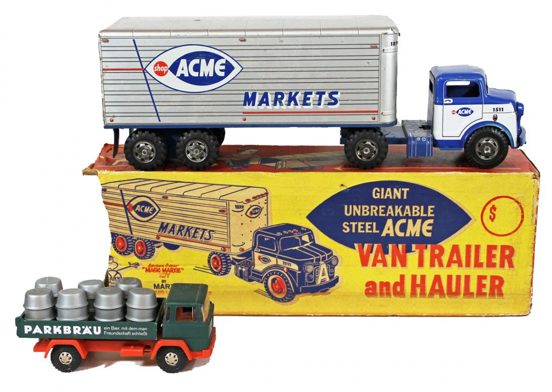 TWO TOY TRUCKS: Boxed Marx Acme Markets pressed steel truck, scratching and wear to finish, rear doors have decal loss, box missing three flaps from one end, with one remaining flap detached, box grades fair to good.