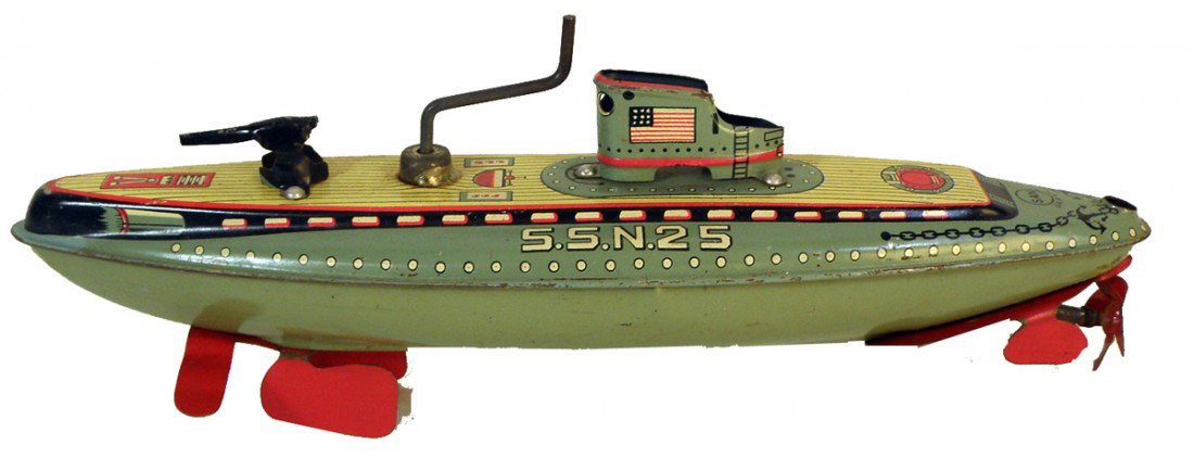 JAPANESE TIN TOY SUBMARINE: Crank friction toy by Maruson works fine, missing original plug for deck, has some light scattered wear to hull. Size: 9 inches long