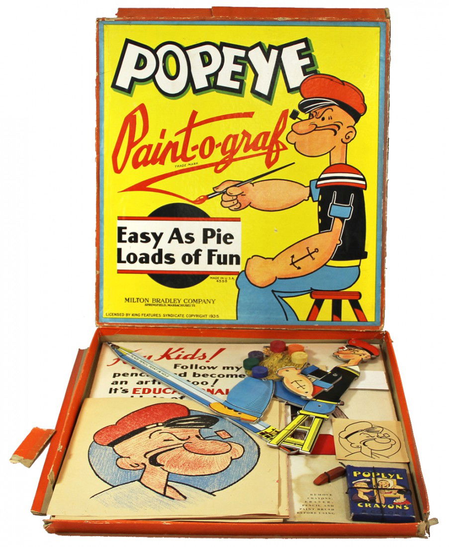 UNUSED POPEYE PAINT-O-GRAF: Scarce 1935 set by Milton Bradley Co., contents are complete and appear to have never been used, interior has some staining to lower right corner of back board, original easel back intact, box lid has