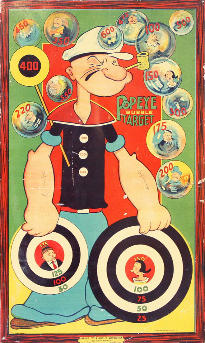 TIN LITHO POPEYE BUBBLE TARGET: Made by Durable Toy & Novelty Col, C-1935, some scratching and abrasions to surface. Size: 23 inches by 14 inches
