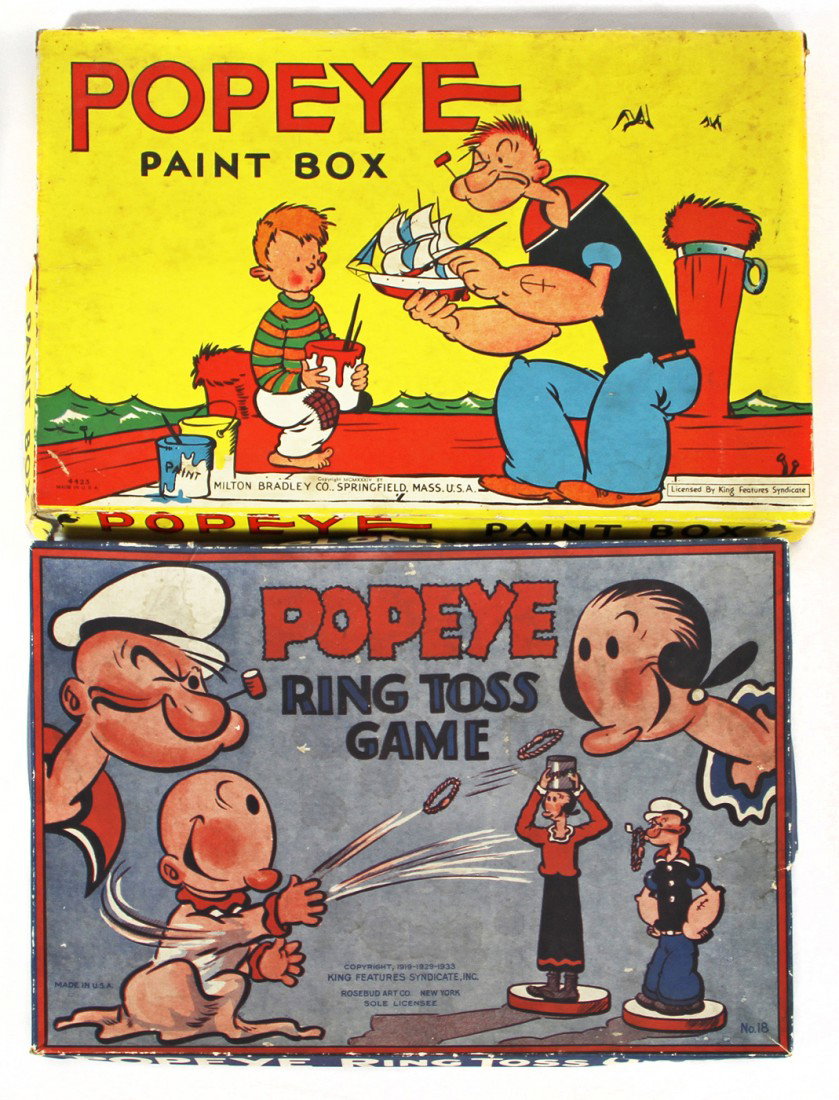 EARLY POPEYE PAINT SET AND POPEYE GAME: Popeye Ring Toss Game by Rosebud Art Co., larger set with Popeye and Olive Oyl and 1934 Popeye Paint Box from Milton Bradley, appears complete but has been used, both lids have some wear and damage to