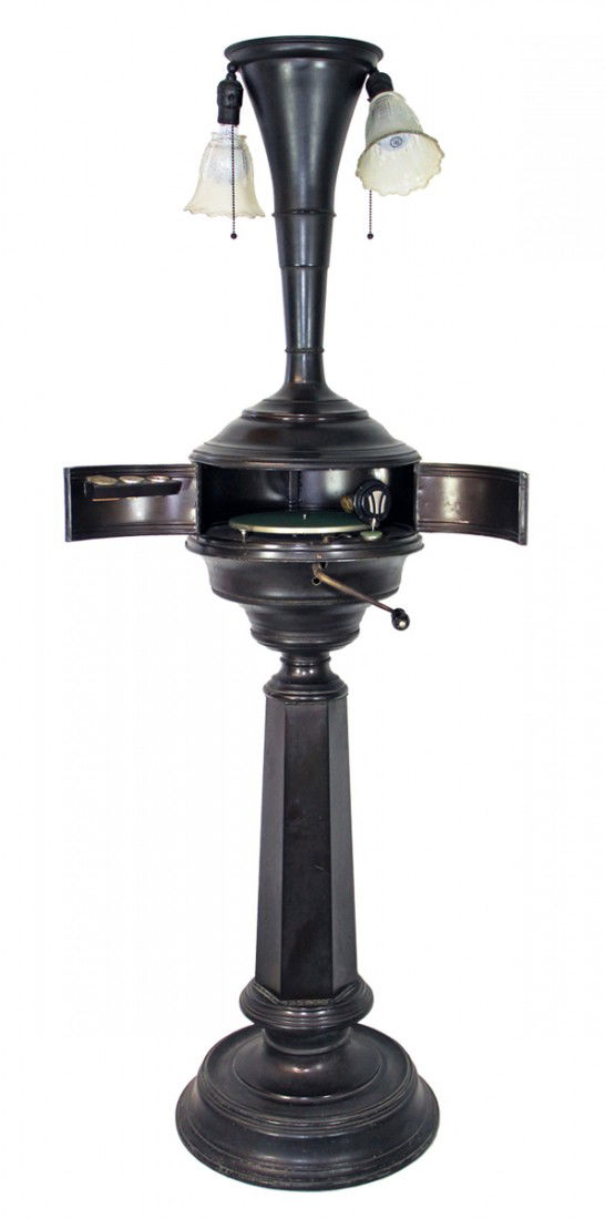 RARE FLOOR MODEL PHONOGRAPH LAMP BY ELECTRIC PHONO: Unusual and working lamp and phonograph C-1918. Usually found as a table model, the floor models are much more difficult to come by. Has replaced reproducer, original finish has some minor wear and sc