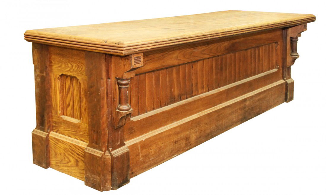 WONDERFUL COUNTRY STORE COUNTER: Late 19th century country store counter made of chestnut, original finish ,relatively minor age wear. Size: 85 inches long, 27-1/2 inches deep, 34 inches tall