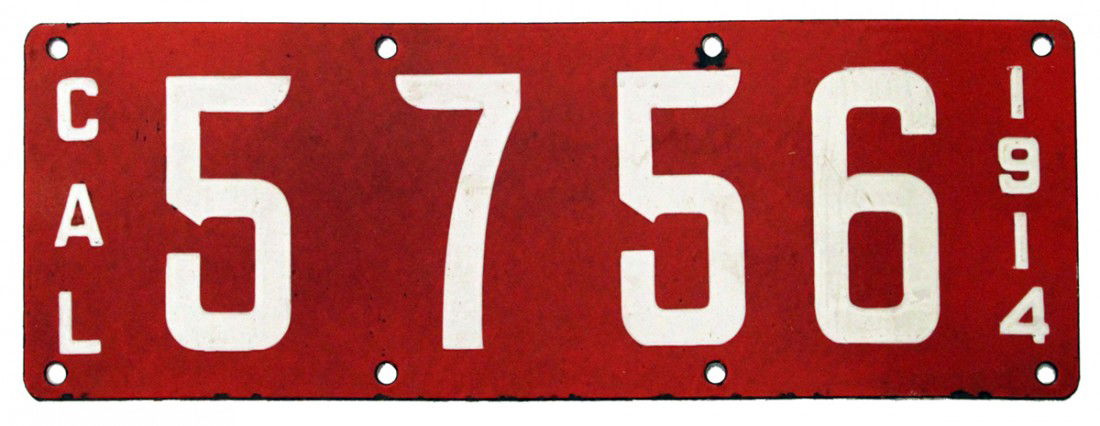 PORCELAIN 1914 CALIFORNIA LICENSE PLATE: Scarce plate with small chip to one mounting hole and a few very small chips to bottom edge, back marked ING-Rich, Mfg. Co., Porcelain Auto Tag, Beaver Falls, PA. Size: 16 inches long, 5-1/2 inches ta