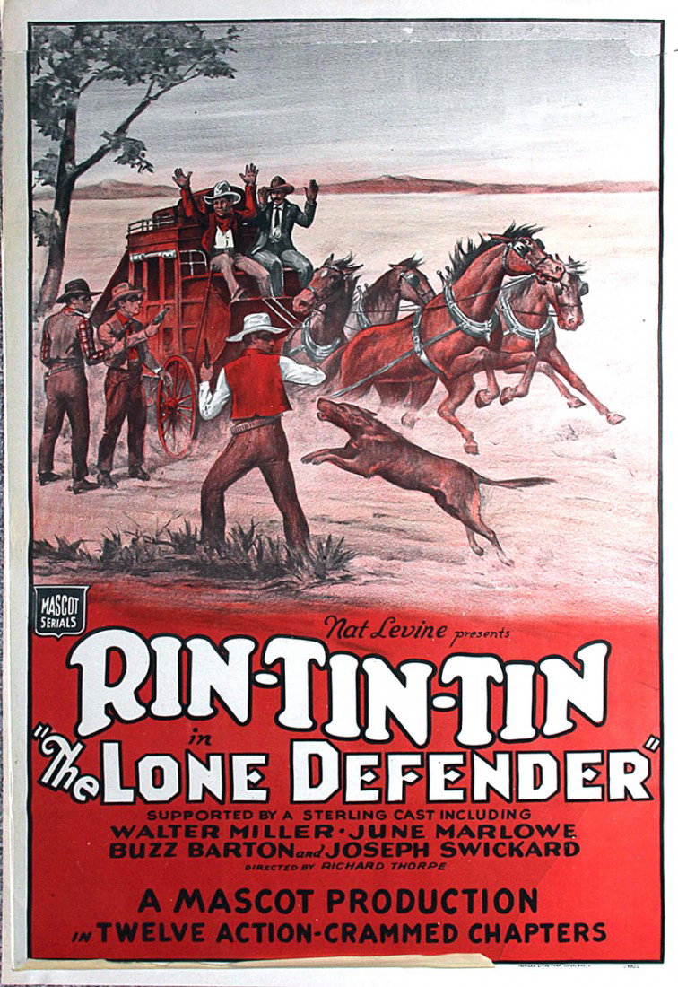 1930 MOVIE POSTER RIN-TIN-TIN IN THE LONE DEFENDER: Undated but 1930, unmounted original release for Mascot serial. Poster has a nice image of a Western Stage Coach, bandits and Rin-Tin-Tin. Printed by Morgan Litho Corp., Cleveland, OH . Size: 41 inche