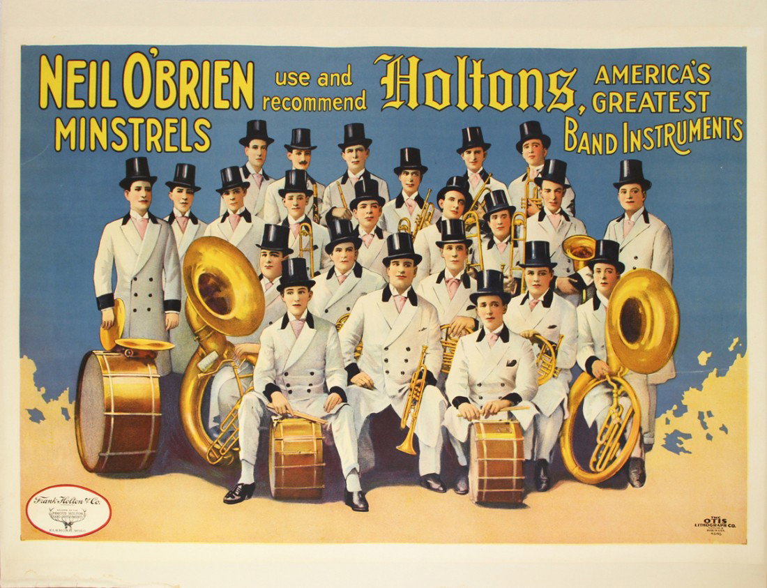 LINEN MOUNTED NEIL O'BRIEN MINSTRELS VAUDEVILLE PO: C-1900 poster also doubles as an advertisement for Holtons American Band Instruments, beautifully graphic stone litho poster of Neil O'Brien's Band printed by Otis Lithograph Co., has repaired tear on