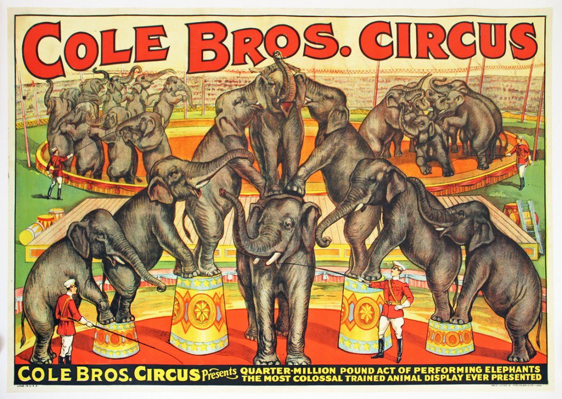 COLE BROS. CIRCUS POSTER: 1930s stone litho poster featuring three rings full of elephant acts, printed by Erie Litho and Printing Co. Size: 40-1/2 inches wide, 27-1/4 inches tall