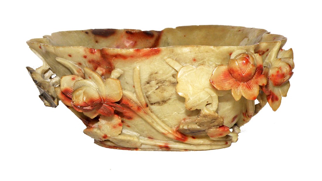 CARVED SOAPSTONE BOWL: Nicely carved with roses and vines, break to one leaf. Size: 6" X 2 1/2"