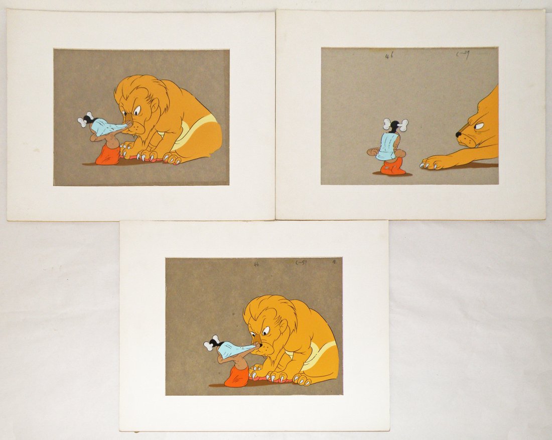 THREE "LITTLE BLACK SAMBO" ANIMATION CELS: Possibly by Warner Bros. Cels features image of a little native boy and large lion and may be one of the "Little Black Sambo" cartoons. All three cels have some flaking to the native boy. Image size: 