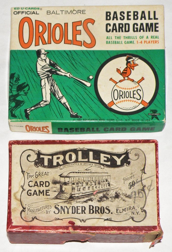 TWO CARD GAMES: Including the game of Trolley by Snyder Bros. Also Including 1964 Baltimore Orioles card game. Size: Largest: 4 3/4" X 3 3/4"