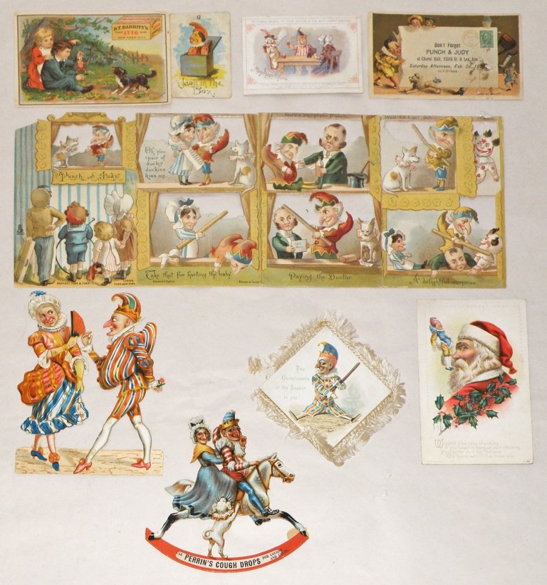 NINE PUNCH & JUDY PAPER ITEMS: Including diecut from Raphael Tuck and Sons. Post cards, trade cards, Christmas cards, etc. Size: Varies