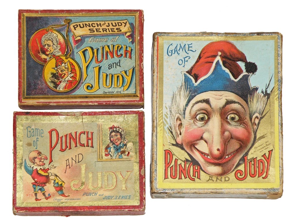 MCLOUGHLIN BROS. PUNCH & JUDY GAMES: Three games with colorful boxes. Some wear to boxes. All have contents. Size: Largest: 5 3/8" X 4.25"