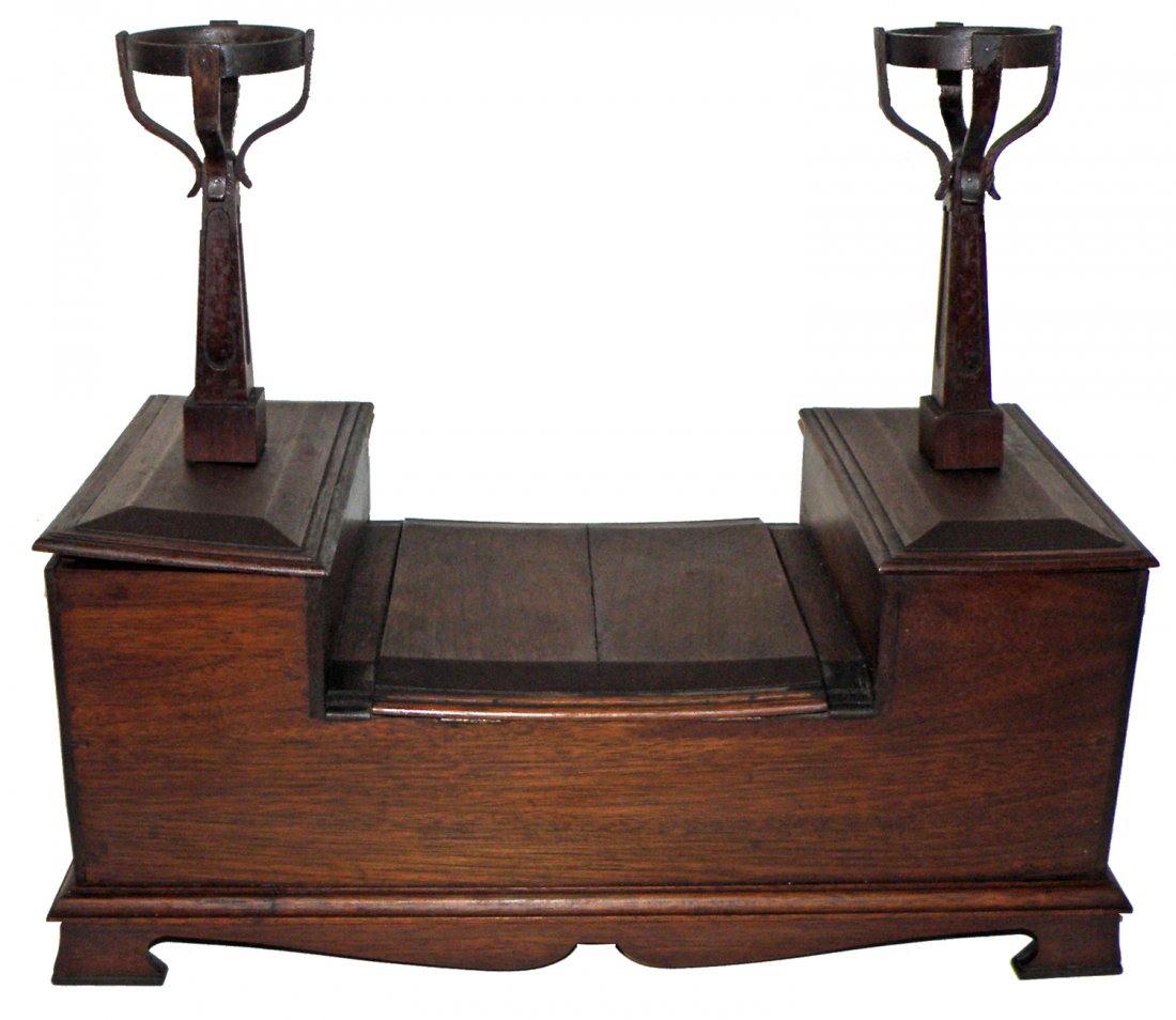 EARLY 19TH CENTURY ENGLISH WIG STAND AND BOX: Nicely made mahogany dresser top box with gothic style wig stands. Center lid has age split and minor warping. Wig stands have a couple small repairs to curved brackets. Box has nicely formed bracket 
