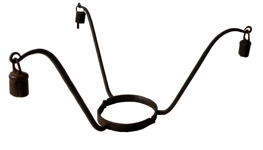 BELLED 19TH CENTURY SLAVE COLLAR: Hand forged punishment collar. Retains original bells. Collar: 5" diam. Size: 20 1/2" across