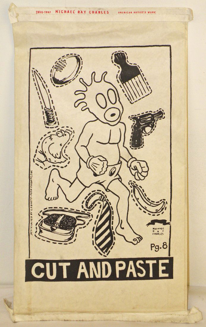 SEALED CATALOG FOR MICHAEL RAY CHARLES EXHIBITION: From prominent African American artist, Michael Ray Charles. Catalog was for an exhibition of his work in 1997. Catalog is still sealed in the "cut and paste" envelope. Minor wear to envelope. Content