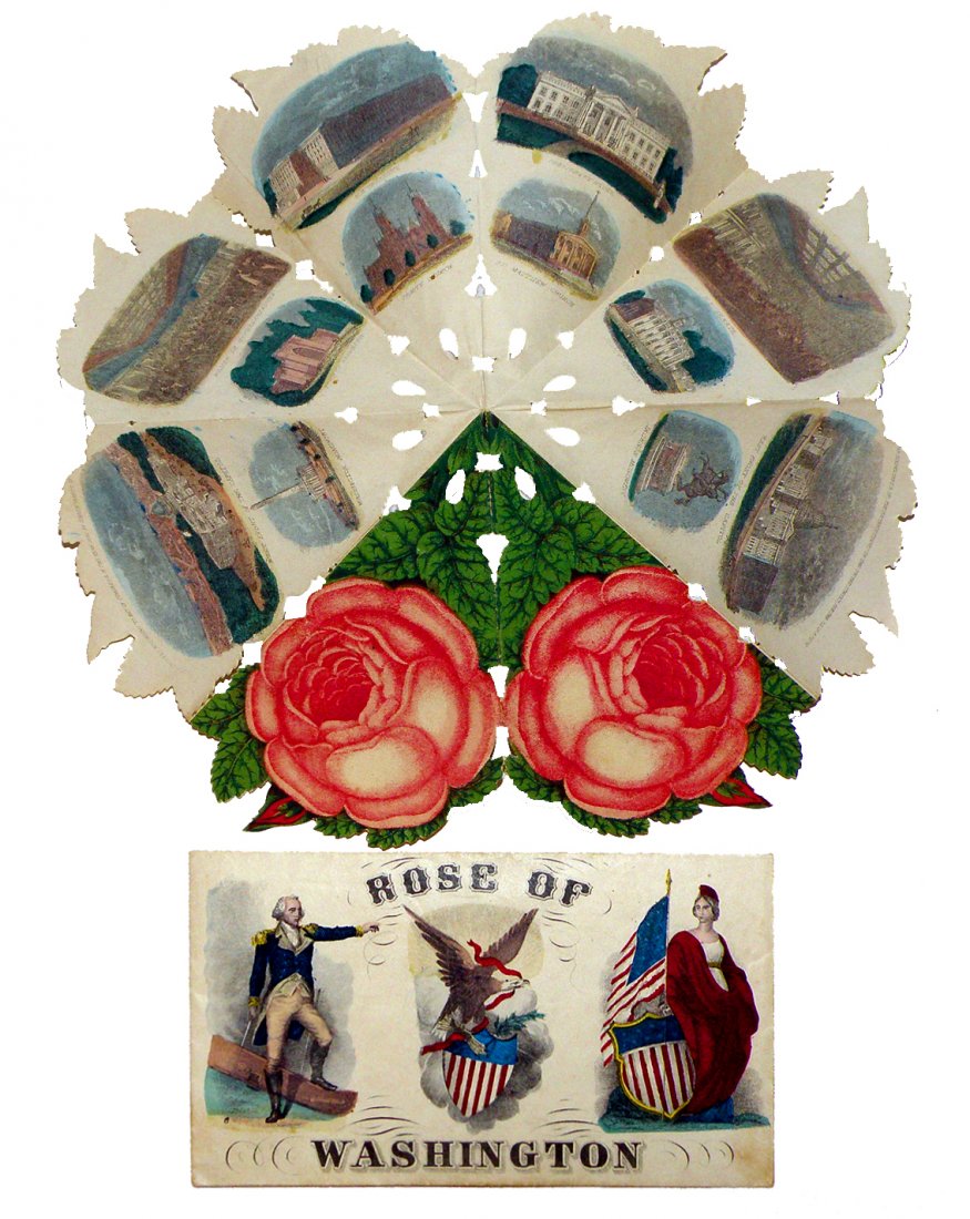 ROSE OF WASHINGTON UNUSED PATRIOTIC COVER WITH ROS: Wonderful handpainted three part design by Charles Magnus, fresh and crisp with bright colors on a nice off white envelope, Including the foldout rose enclosure showing numerous scenes and monuments o