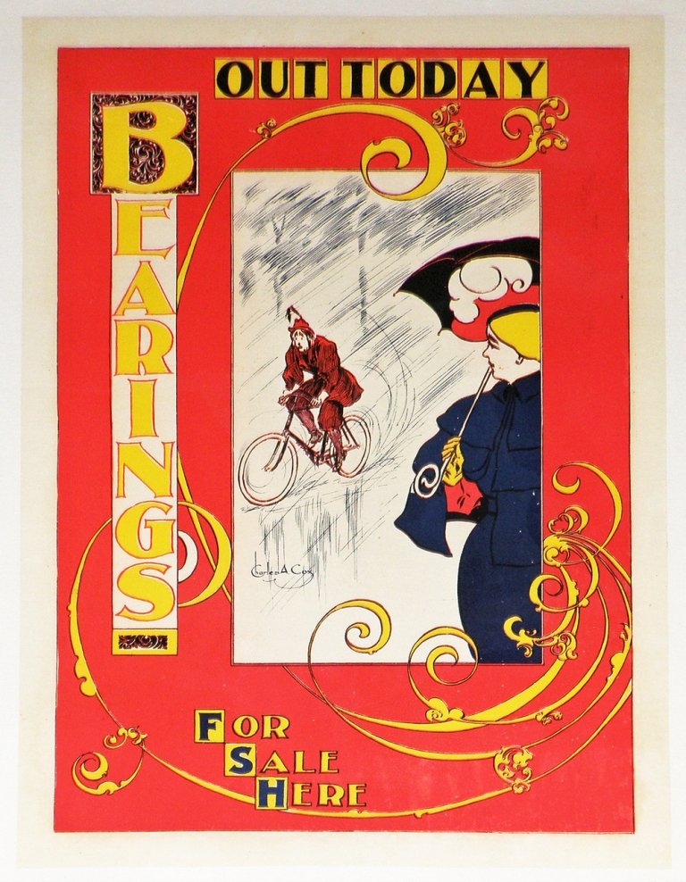 BICYCLE BEARINGS ADVERTISING POSTER: Linen mounted poster from 1898 with artwork by Charles A. Cox. Has an image of a man riding his bicycle in the rain. Size: 17 1/4" X 12 3/8"